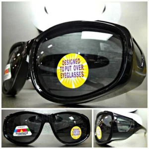 WRAP AROUND DRIVING POLARIZED SUNGLASSES Over RX Glass Fit Black Frame Dark Lens - Picture 1 of 10