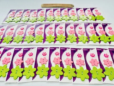 36 Cards Novelty Buttons Pink & Green Posies Blumenthal Lansing Sewing Crafts - Image 1 of 4