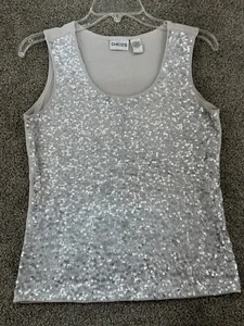 Chicos Women Tank Top Sz 0 Sleeveless Shirt Tank Top Pretty Beige Silver sequin - Picture 1 of 8