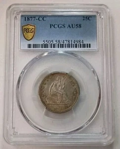 1877-CC Liberty Seated Silver Quarter PCGS AU58 Gold Shield Label #47814984 - Picture 1 of 6