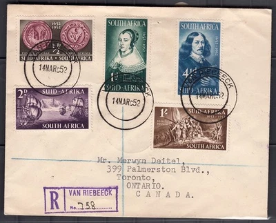 South Africa 1952 Tercentenary of Landing of van Riebeeck FDC reg to Canada - Image 1 of 2