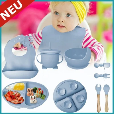 8 Tlg Kinderteller Mit Saugnapf Rutschfest Silikon Baby Teller BPA Frei Babytel - Bild 1 von 4