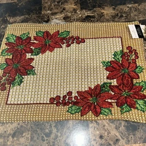 Set Of 4 Christmas Tapestry Placemats Poinsettia Flower Holly Berries - Picture 1 of 6