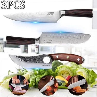 Conjunto de facas de cozinha de aço inoxidável 3 peças Santoku desossando cutelo de carne cabo de madeira - Imagem 1 de 4