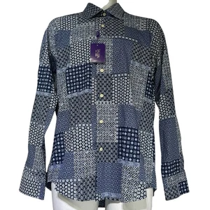 TALLIA Geometric Patchwork Button Front Long Sleeve Shirt Size M 15.5 - Picture 1 of 7