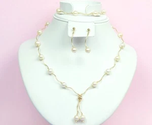 14k Yellow Gold Natural White Pearls 3pcs Women Set:Necklace, Bracelet, Earrings - Picture 1 of 9