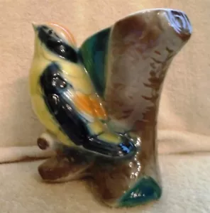 Vintage Royal Copley Multi-Color Bird Yellow Finch on Tree Trunk Vase 7 Inches - Picture 1 of 7