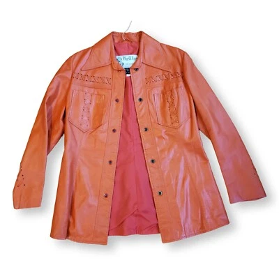 70-е винтажная оранжевая мягкая кожаная приталенная рубашка с воротником куртка 10 средний размер женская  - Изображение 1 из 4