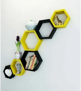 Hexagon Wall Shelf, Set Of 6 Hexagon Wall Shelf Yellow & Black Home/Office Decor - Imagen 1 de 6