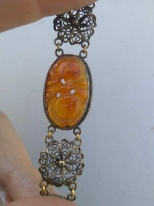 Antique Art Deco Chinese Carved Carnelian Bracelet Sterling Silver Filigree GF - Picture 1 of 24