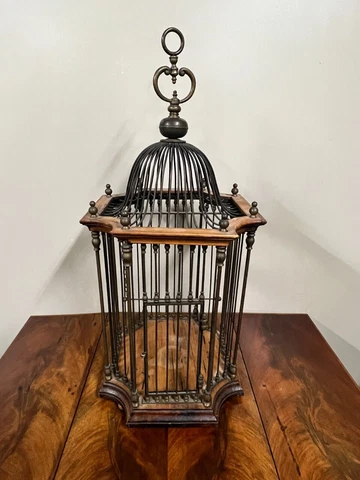 A Vintage Decorative Italian Wood and Brass Bird Cage Cover