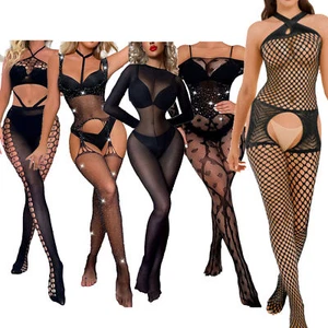 Ladies Sheer Fishnet Body Mesh Bodysuit Jumpsuit Fishing Net Suspenders Stockings - Picture 1 of 130