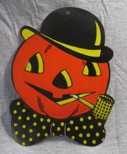 Vintage 1950s Beistle Pumpkin Man with Bow Tie Derby Hat Corncob Pipe Original - Picture 1 of 4