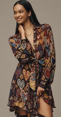 Mini Camisa Vestido Anthropologie Farm Rio Corazones Ikat Manga Larga Vacay Pequeña Nueva con Etiquetas Foto 1 de 4