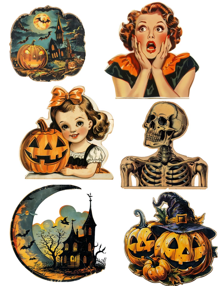 Juego de 6 PEGATINAS TROQUELADAS VINTAGE RETRO Halloween efímeras #2 - ¡Solo corte y use! Foto 1 de 1