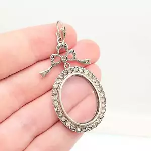 Antik Massiv Silber Diamant Paste Medaillon Anhänger Edwardianisch Oval Schleife Halskette - Bild 1 von 10