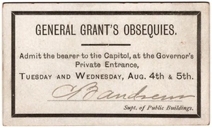 Boleto de 1885 para ver el cuerpo de Ulysses S. Grant acostado en el estado en el Capitolio en Albany - Imagen 1 de 1