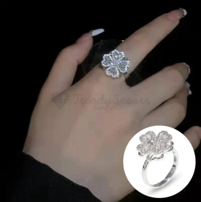 Anti-anxiety Fidget Spinner Ring Rotating Four Leaf Zircon 18K White Gold Plated - Image 1 of 4