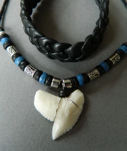 Necklace Shark Tooth Replica Tiger sharks teeth leather bracelet set mens boys - Picture 1 of 4