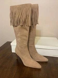 Amanda Smith Shoes Boots Tall Fringe High Heels Camel Suede Size 8.5 Women's New - Picture 1 of 7