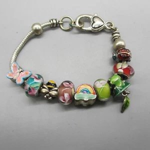 Charm Bracelet Whimsical Glass Enamel Flowers Frog Rainbow Bee Ladybug Butterfly - Picture 1 of 15