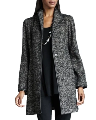 Chaqueta de tweed moteado Eileen Fisher S para mujer negra gris mezcla de lana ribete de cuero Foto 1 de 4