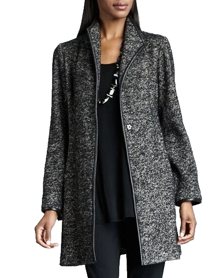 Chaqueta de tweed moteado Eileen Fisher S para mujer negra gris mezcla de lana ribete de cuero Foto 1 de 4