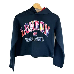 KK Apparel Damen dunkelmarineblau London grafischer kurz geschnittener Hoodie S/M - Bild 1 von 6