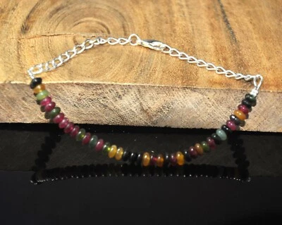 Bracciale In Pietre Dure E Tourmalina Multicolore Con Catena In Argento - Immagine 1 di 3