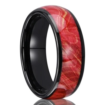 8MM Burgundy Cured Wood Black Tungsten Carbide Ring Band Wedding Comfort Fit - Image 1 of 4