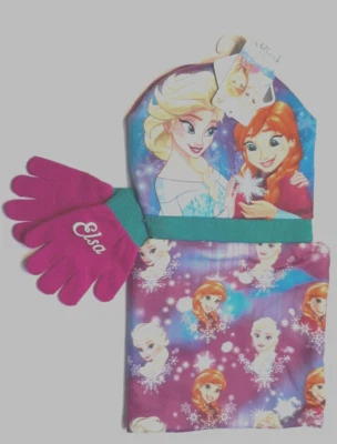 DISNEY 3-tlg Winter Set Eiskönigin Elsa Frozen Wintermütze Bandana Handschuhe