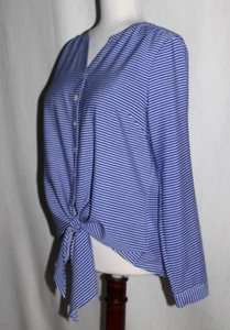 Talbots Blue and White Striped Button Down Blouse Tie Waist Long Sleeve Large P - Picture 1 of 12