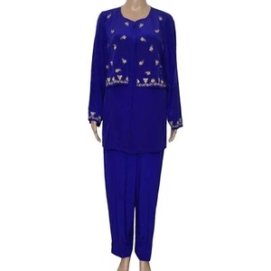 Vintage Diane Von Furstenberg Royal Purple Silk Embroidered Blouse Top Pants Set - Picture 1 of 12