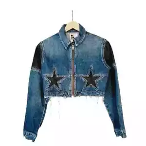 Jean Atelier Size Small Toni Crop Star Denim Jacket Distressed - Picture 1 of 9