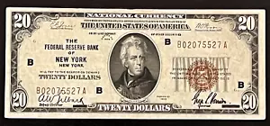 1929 US $20 NATIONAL CURRENCY NOTE, NEW YORK, BROWN SEAL, B02075527A, CU - Picture 1 of 2