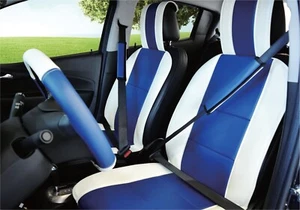 UNNIE UNIVERSAL VINYL WHITE/BLUE FRONT SEAT COVERS with SWC &2SEAT BELT COVERS - Picture 1 of 6