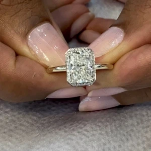 2.28Ctw Radiant Cut Moissanite Hidden Halo Engagement Ring in 14K Two-Tone Gold - Picture 1 of 14