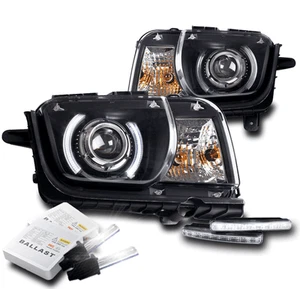 FOR 2010-2013 CHEVY CAMARO BLACK CCFL HALO PROJECTOR HEADLIGHTS+LED DRL +HID SET - Picture 1 of 4