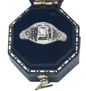 Art Deco Antique Natural Diamond 18k White Gold Filigree Ring Sz 4.25 - Picture 1 of 8