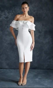 Trendoyl White Ecru flounced evening dress Woven Off the Shoulder size XS UK 6 - Picture 1 of 13