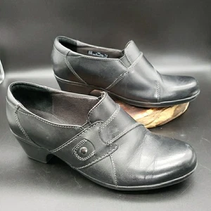 Clarks Shoes Womens 10W Ingalls Geneva Loafers Black Leather Casual Heeled 62723 - Picture 1 of 11