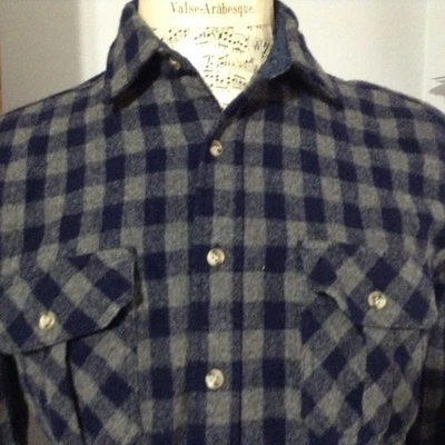 Vintage Eddie Bauer Wool Shirt  Mens Large Gray Black Buffalo Plaid Shacket 90s - Image 1 of 4