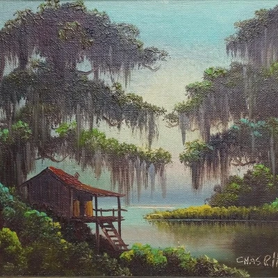 Pintura al óleo de paisaje pantano estadounidense Charles R. Handford 1909-1995 12,5 x 10,5 Foto 1 de 4