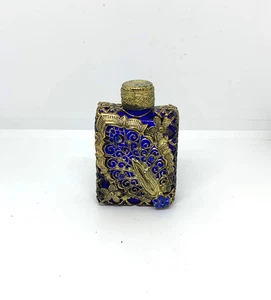 Tschechischer Vintage Parfümflakon aus kobaltblauem Glas und filigranem Strass - Bild 1 von 10