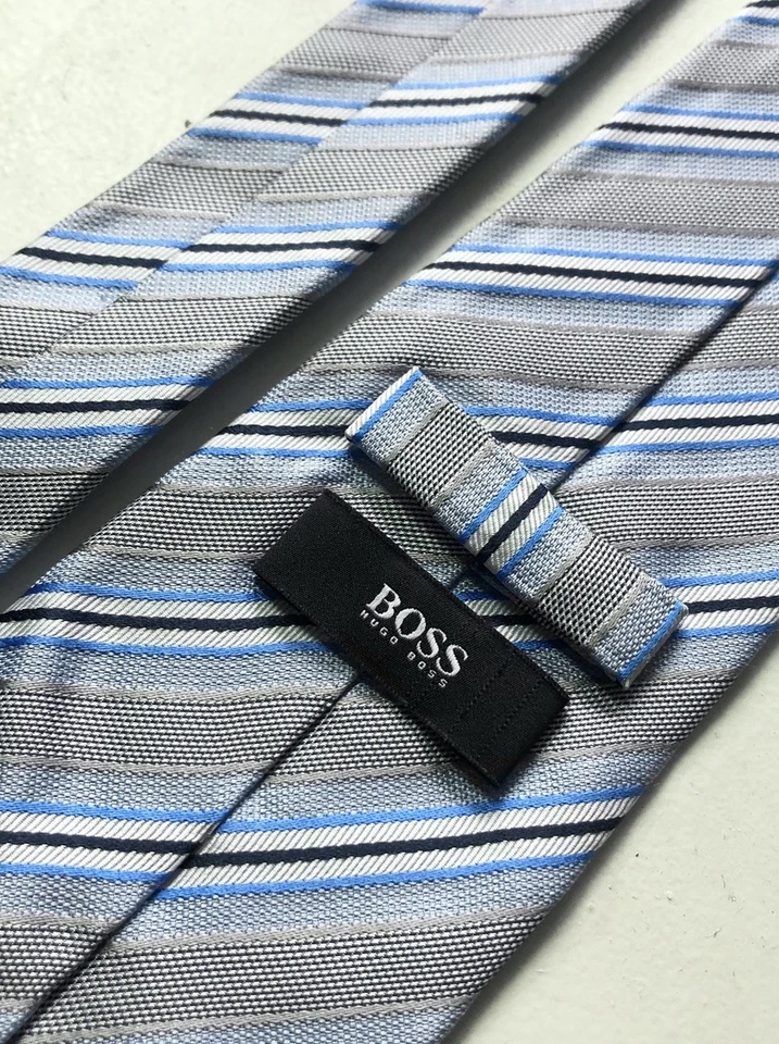 Contemporary Hugo Boss BOSS Silk Striped Tie - Blue, Grey & Black - Image 1 of 4