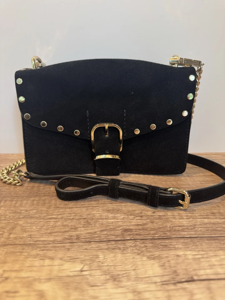 Rebecca Minkoff Black Suede Crossbody Bag with Gold Chain & Stud Accents - Image 1 of 4