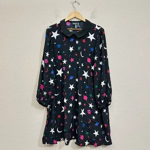 MODCLOTH Mini Shift Dress Women 3X Plus Black Stars Celestial Galaxy Puff Sleeve - Picture 1 of 9