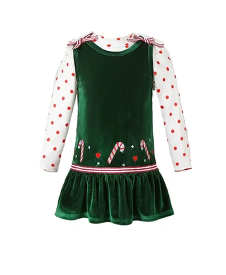 Nuevo Vestido Verde Terciopelo Bastón de Caramelo Niñas 6 Manga Larga Top Lunares Navidad Foto 1 de 4