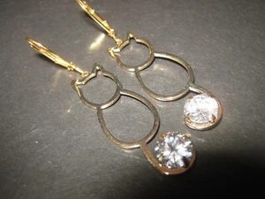 Cutout Cat Silhouette & Rhinestone Dangle Earrings Gold Tone - Picture 1 of 2