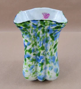 VINTAGE FENTON LABLED VASA MURRHINA GLASS SQUARE 7" VASE BLUE GREEN WHITE SWIRLS - Picture 1 of 14